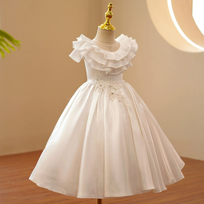 Princess White Satin Back Zip Baptism Lace Floor Length Short Sleeve Cap Sleeve Round Flower Girl Dress