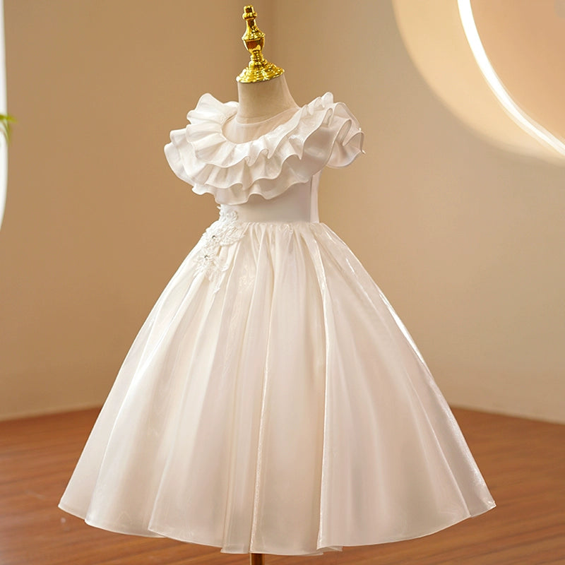 Princess White Satin Back Zip Baptism Lace Floor Length Short Sleeve Cap Sleeve Round Flower Girl Dress