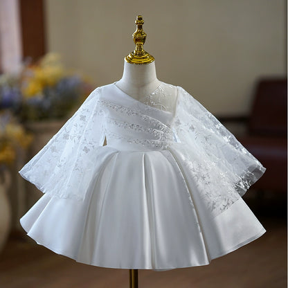 Princess White Satin Back Zip Baptism Lace Long Sleeve Bell Sleeve V-Neck Flower Girl Dress