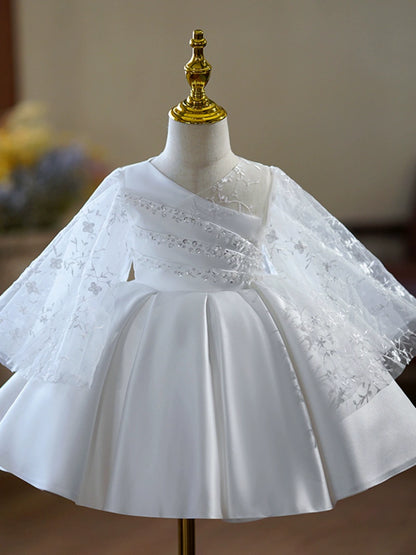 Princess White Satin Back Zip Baptism Lace Long Sleeve Bell Sleeve V-Neck Flower Girl Dress