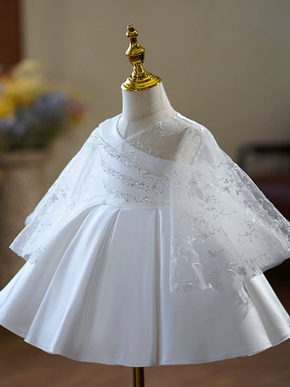 Princess White Satin Back Zip Baptism Lace Long Sleeve Bell Sleeve V-Neck Flower Girl Dress