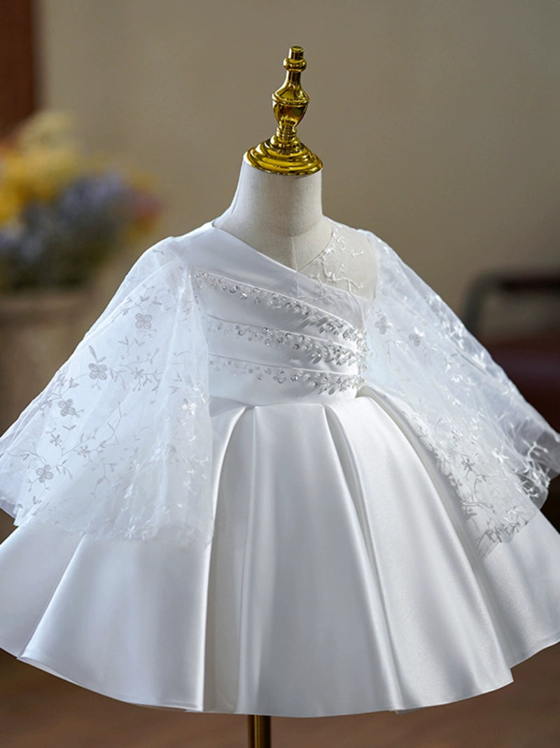 Princess White Satin Back Zip Baptism Lace Long Sleeve Bell Sleeve V-Neck Flower Girl Dress