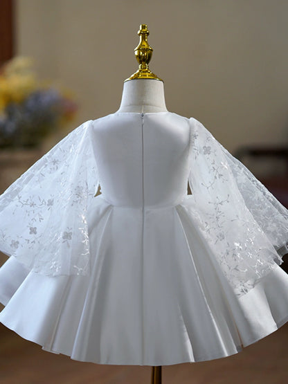 Princess White Satin Back Zip Baptism Lace Long Sleeve Bell Sleeve V-Neck Flower Girl Dress