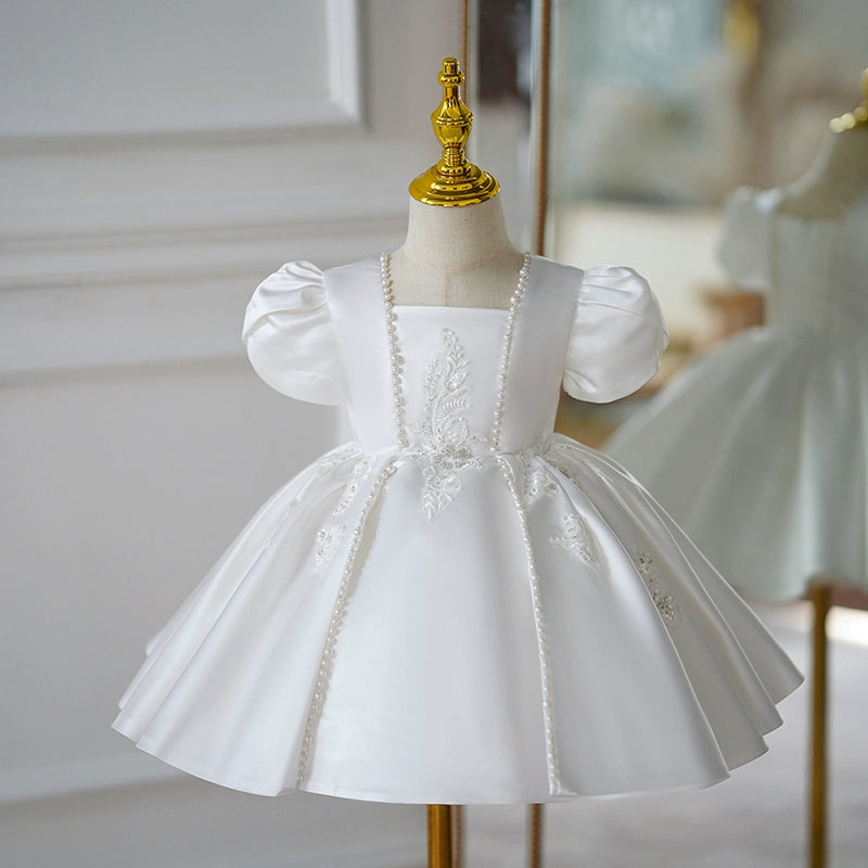 Princess White Satin Back Zip Baptism Lace Short Sleeve Puff Sleeve Square Flower Girl Dress