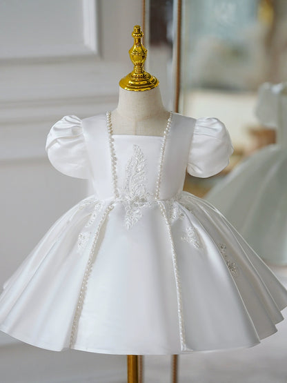 Princess White Satin Back Zip Baptism Lace Short Sleeve Puff Sleeve Square Flower Girl Dress