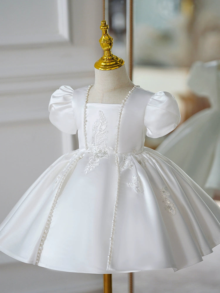 Princess White Satin Back Zip Baptism Lace Short Sleeve Puff Sleeve Square Flower Girl Dress