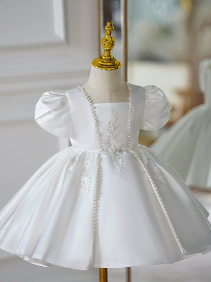 Princess White Satin Back Zip Baptism Lace Short Sleeve Puff Sleeve Square Flower Girl Dress