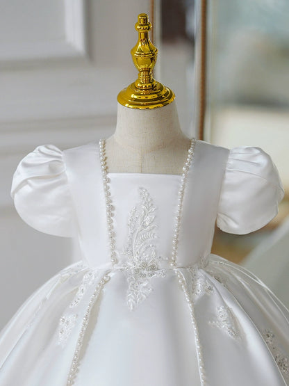 Princess White Satin Back Zip Baptism Lace Short Sleeve Puff Sleeve Square Flower Girl Dress