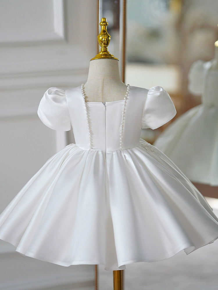 Princess White Satin Back Zip Baptism Lace Short Sleeve Puff Sleeve Square Flower Girl Dress