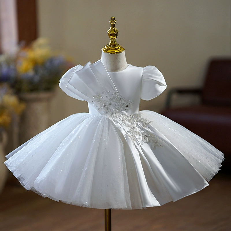 Princess White Satin Back Zip Baptism Pleated Tea Length Short Sleeve Puff Sleeve Round Flower Girl Dress