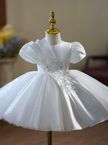 Princess White Satin Back Zip Baptism Pleated Tea Length Short Sleeve Puff Sleeve Round Flower Girl Dress