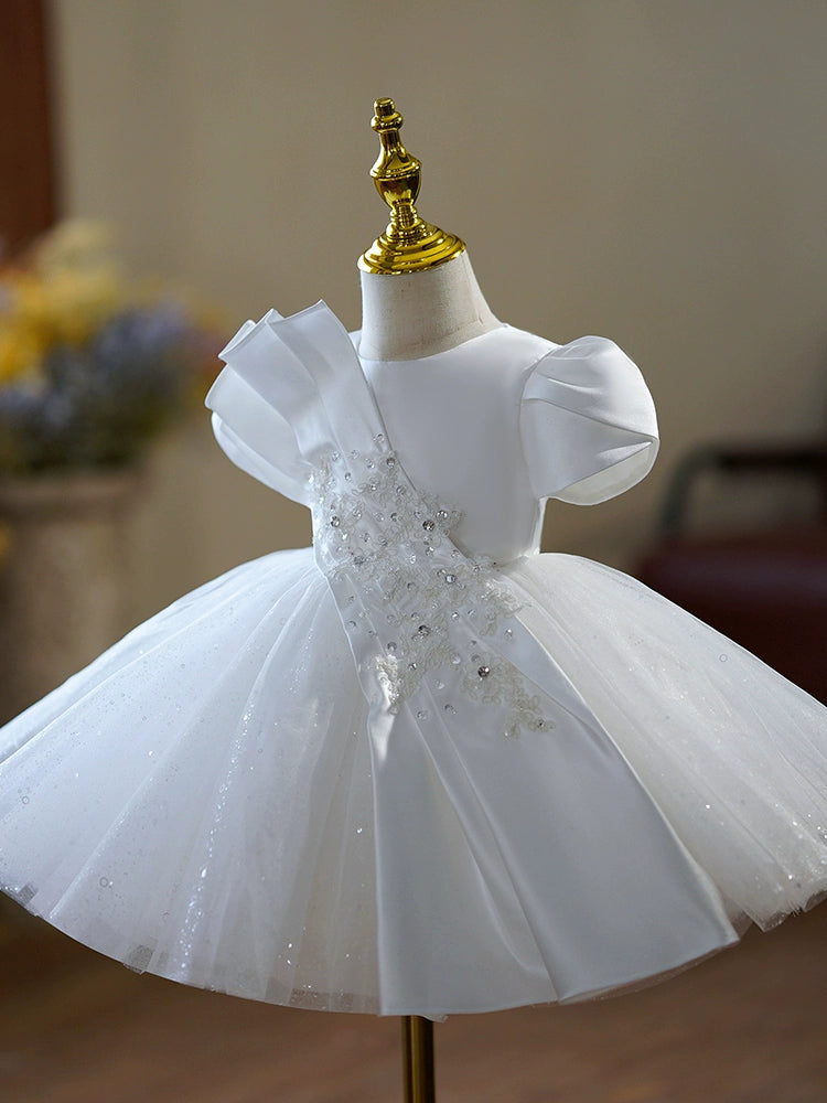 Princess White Satin Back Zip Baptism Pleated Tea Length Short Sleeve Puff Sleeve Round Flower Girl Dress