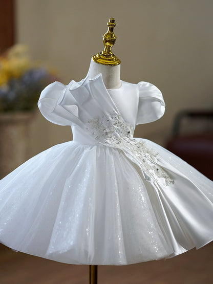 Princess White Satin Back Zip Baptism Pleated Tea Length Short Sleeve Puff Sleeve Round Flower Girl Dress