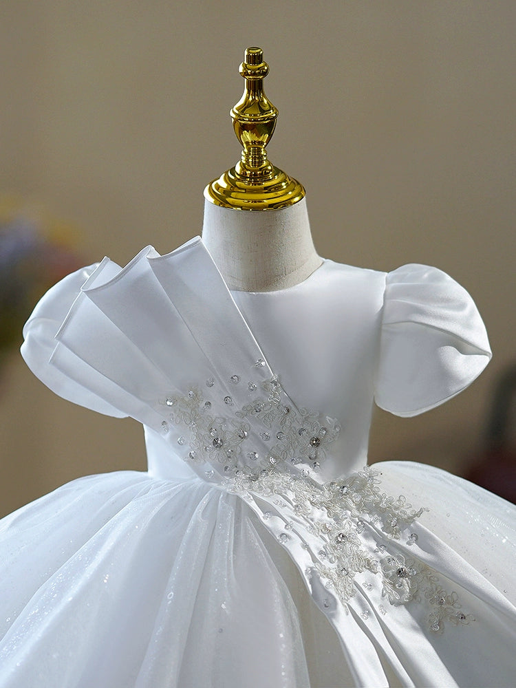 Princess White Satin Back Zip Baptism Pleated Tea Length Short Sleeve Puff Sleeve Round Flower Girl Dress