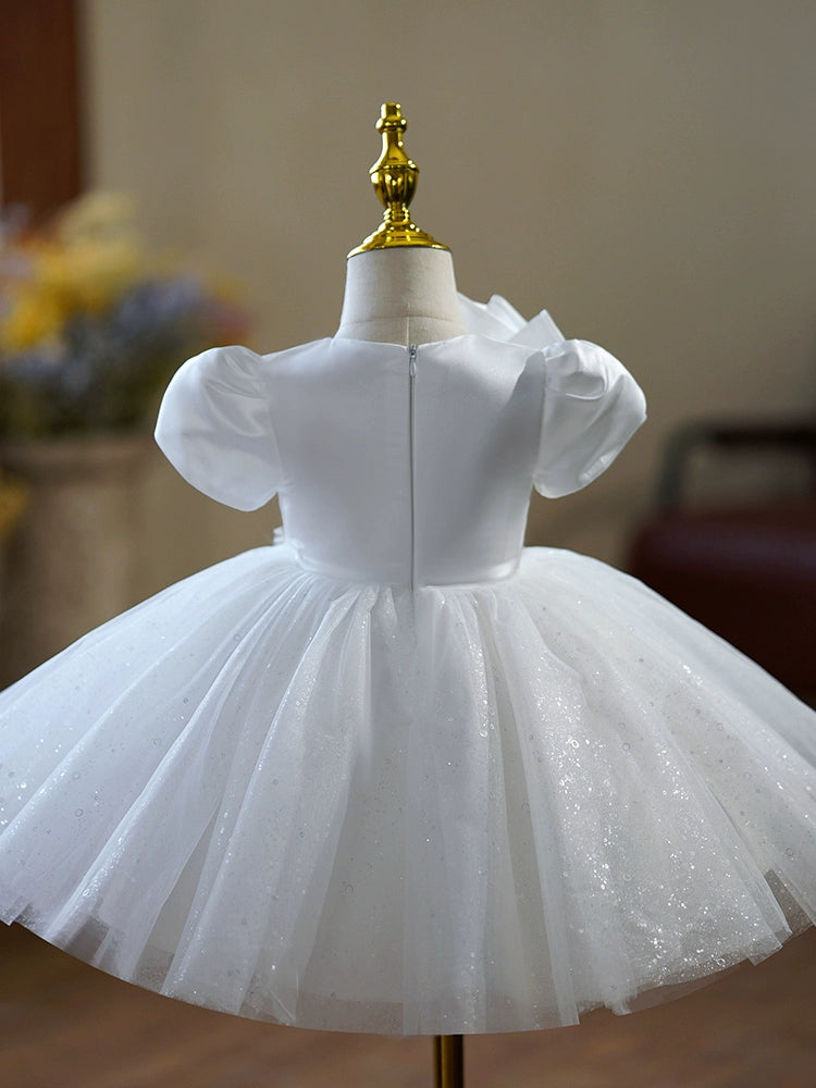 Princess White Satin Back Zip Baptism Pleated Tea Length Short Sleeve Puff Sleeve Round Flower Girl Dress