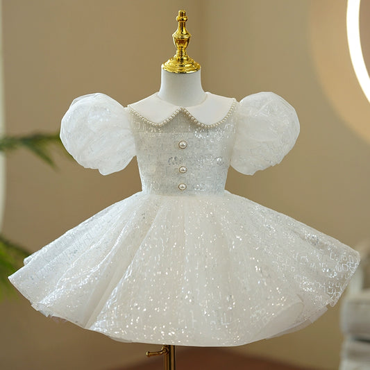 Princess White Sequined Back Zip Baptism Beaded Tea Length Short Sleeve Puff Sleeve Collared Neck Flower Girl Dress