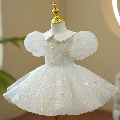 Princess White Sequined Back Zip Baptism Beaded Tea Length Short Sleeve Puff Sleeve Collared Neck Flower Girl Dress