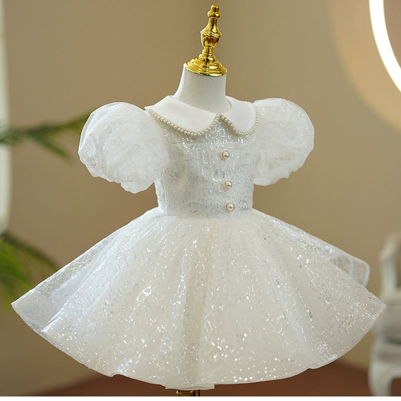 Princess White Sequined Back Zip Baptism Beaded Tea Length Short Sleeve Puff Sleeve Collared Neck Flower Girl Dress