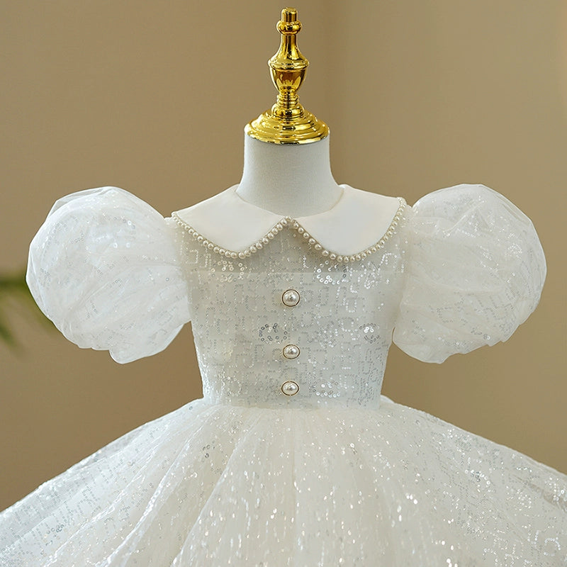 Princess White Sequined Back Zip Baptism Beaded Tea Length Short Sleeve Puff Sleeve Collared Neck Flower Girl Dress