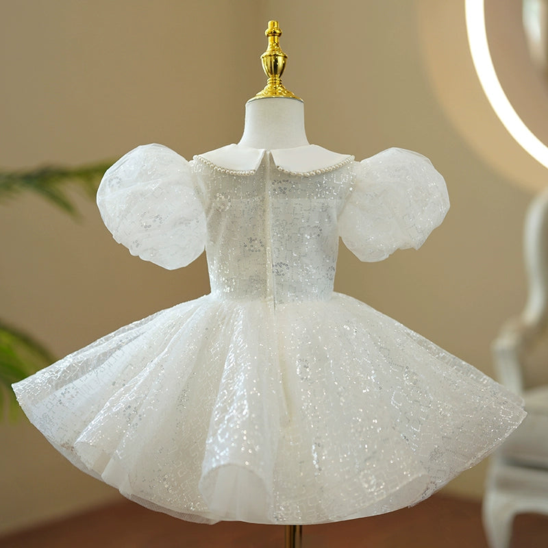 Princess White Sequined Back Zip Baptism Beaded Tea Length Short Sleeve Puff Sleeve Collared Neck Flower Girl Dress