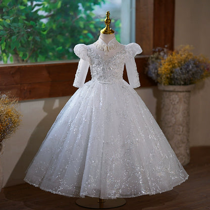 Princess White Sequined Back Zip Baptism Lace Floor Length Long Sleeve Puff Sleeve Mock Neck Flower Girl Dress