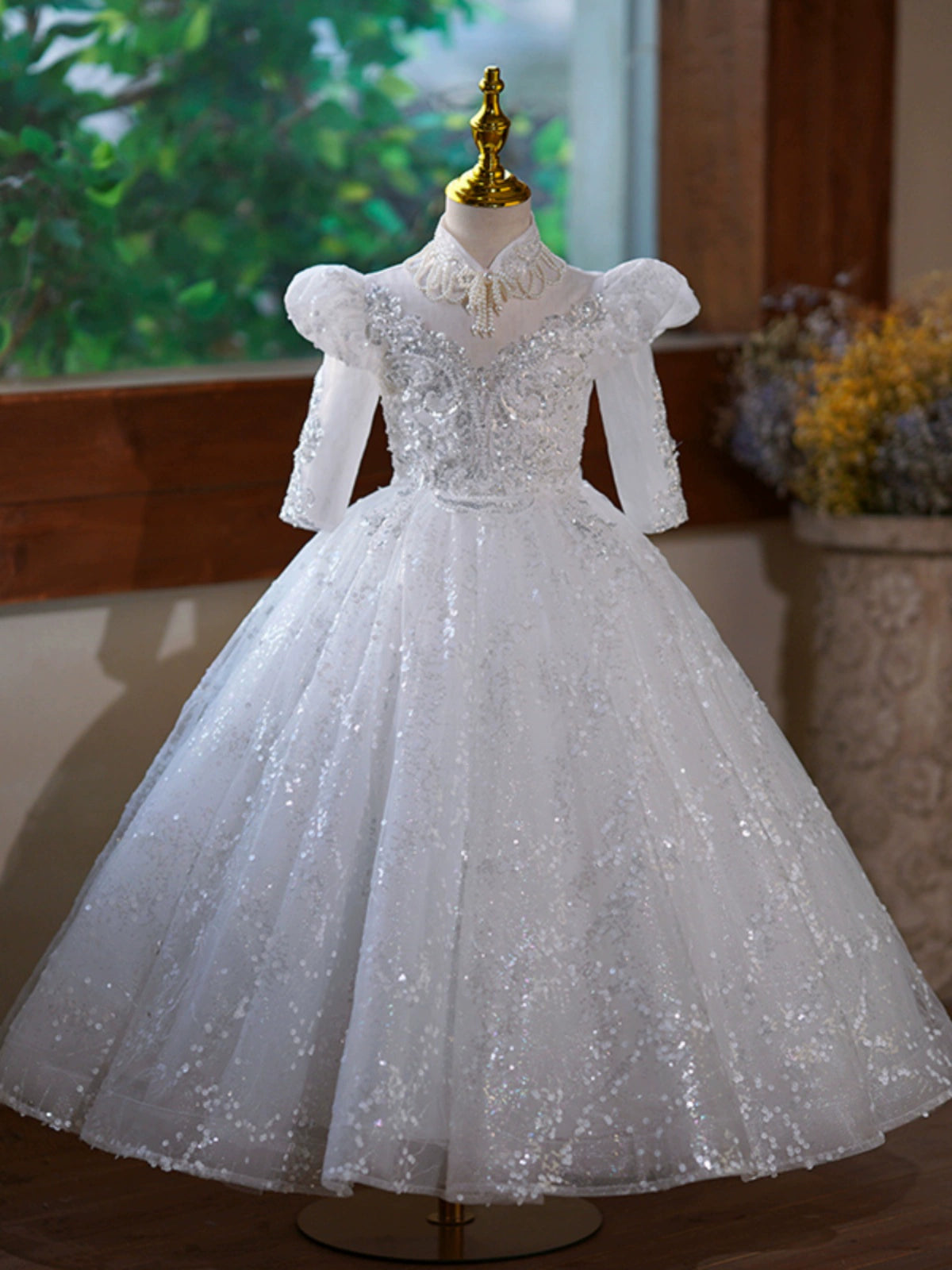 Princess White Sequined Back Zip Baptism Lace Floor Length Long Sleeve Puff Sleeve Mock Neck Flower Girl Dress