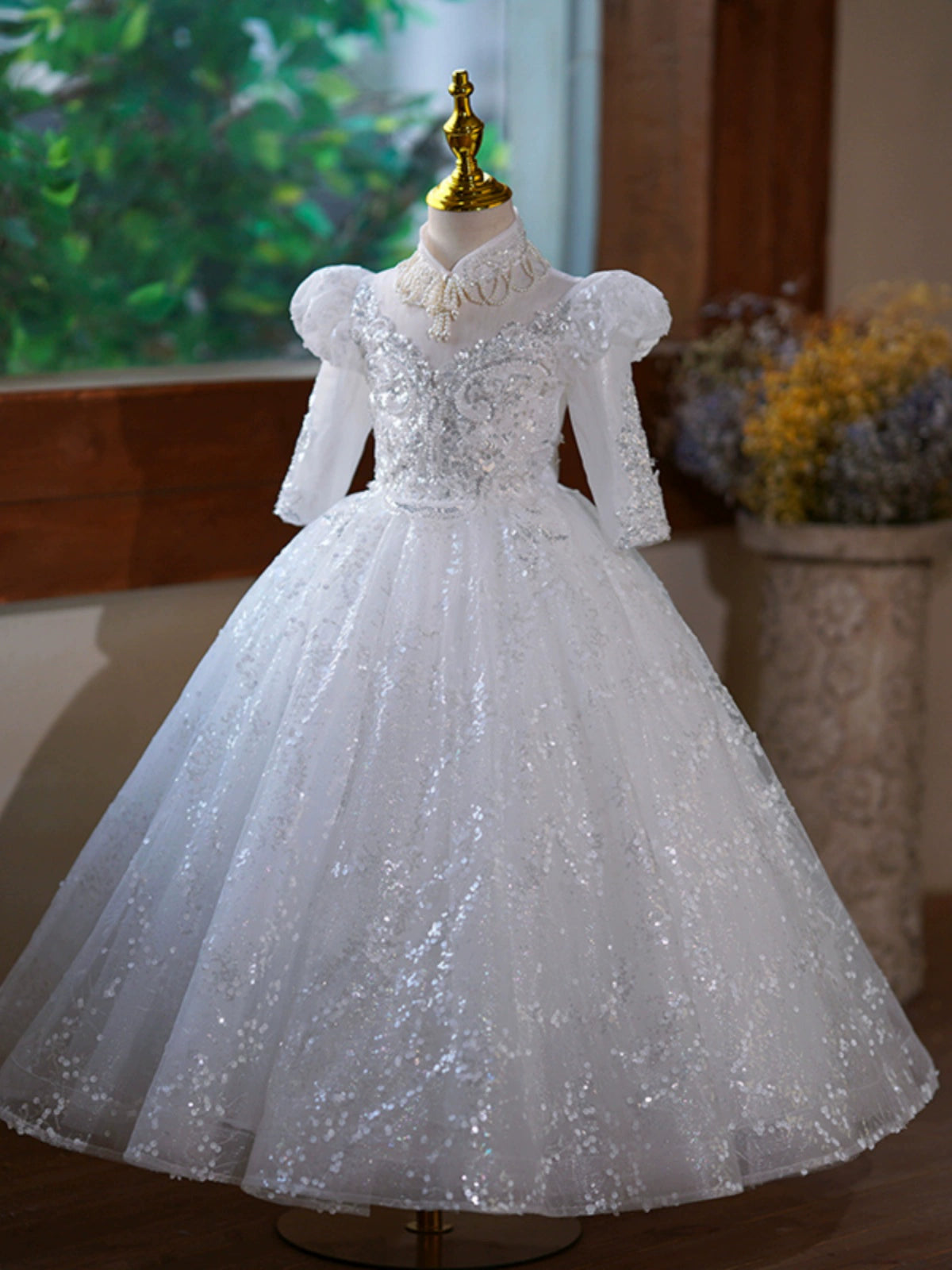 Princess White Sequined Back Zip Baptism Lace Floor Length Long Sleeve Puff Sleeve Mock Neck Flower Girl Dress