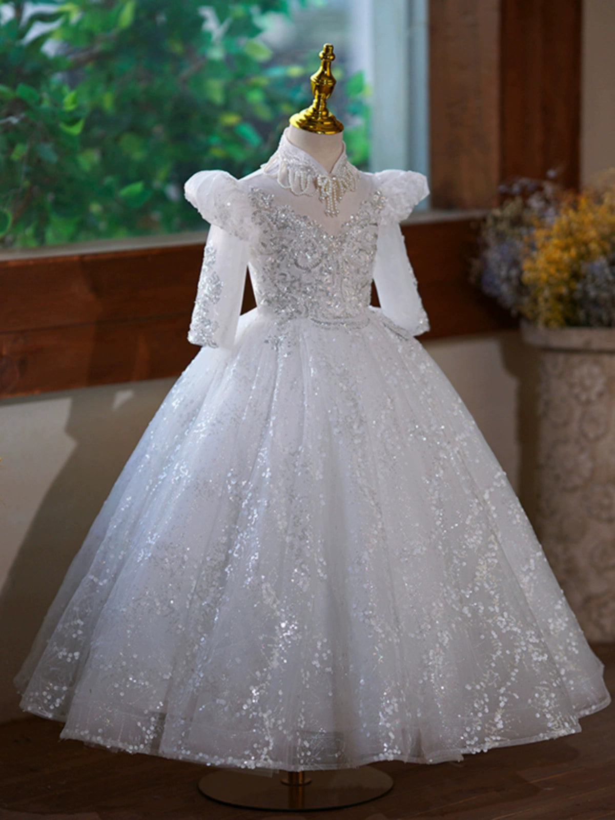 Princess White Sequined Back Zip Baptism Lace Floor Length Long Sleeve Puff Sleeve Mock Neck Flower Girl Dress