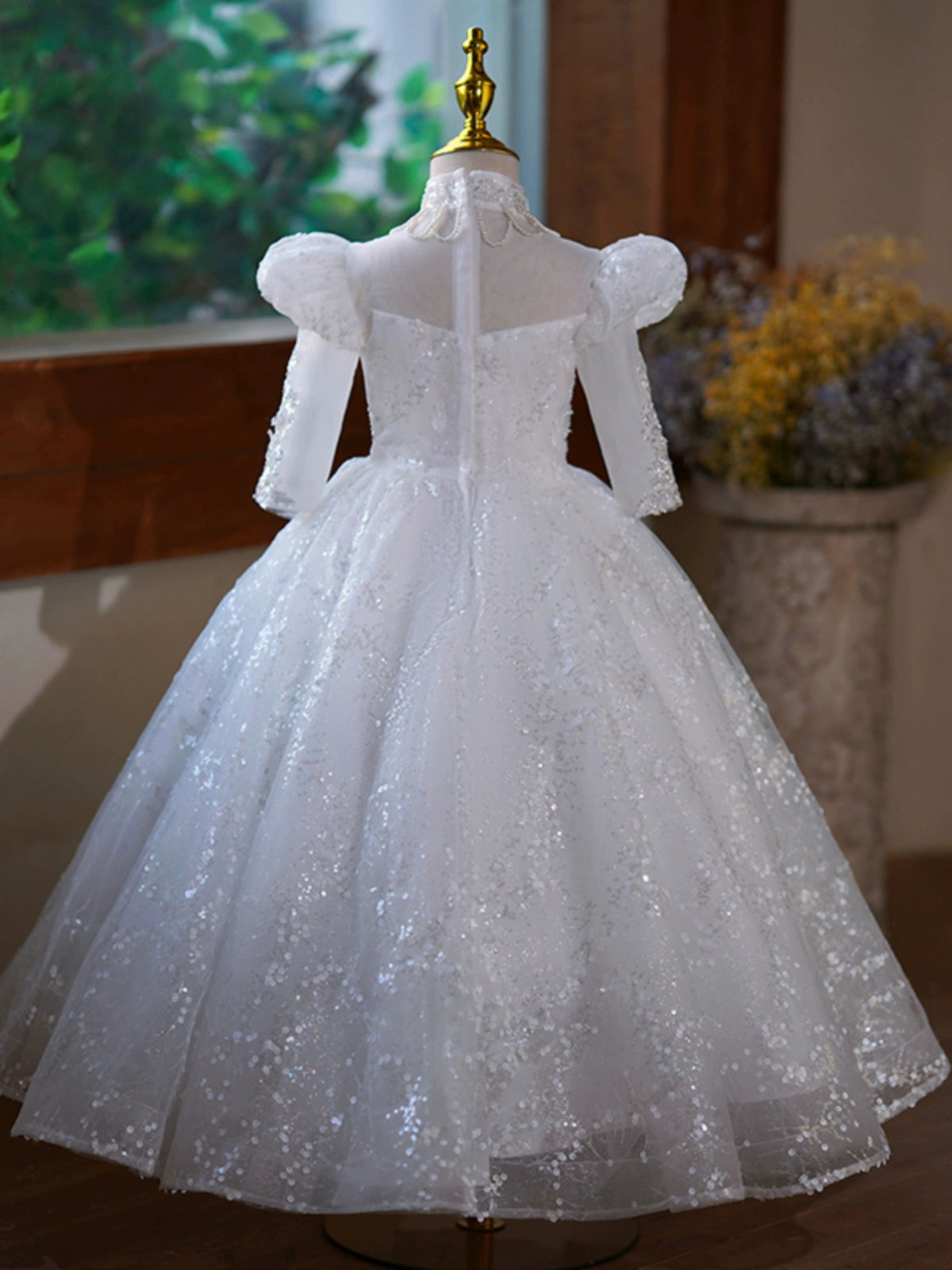 Princess White Sequined Back Zip Baptism Lace Floor Length Long Sleeve Puff Sleeve Mock Neck Flower Girl Dress