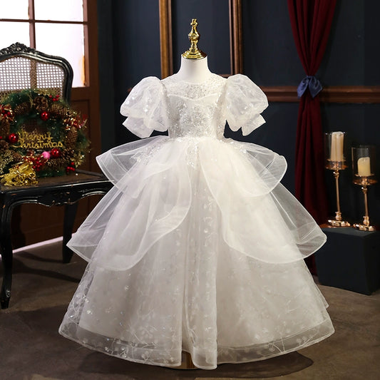 Princess White Sequined Back Zip Baptism Lace Floor Length Short Sleeve Puff Sleeve Round Flower Girl Dress