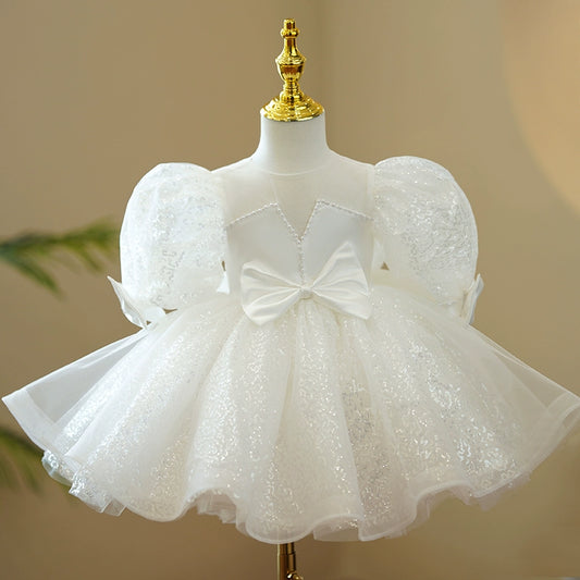 Princess White Sequined Back Zip Baptism Sequin Tea Length Short Sleeve Puff Sleeve Round Flower Girl Dress