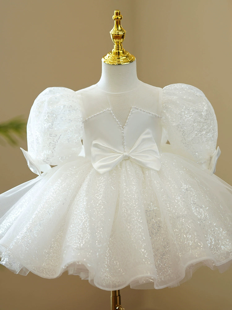 Princess White Sequined Back Zip Baptism Sequin Tea Length Short Sleeve Puff Sleeve Round Flower Girl Dress