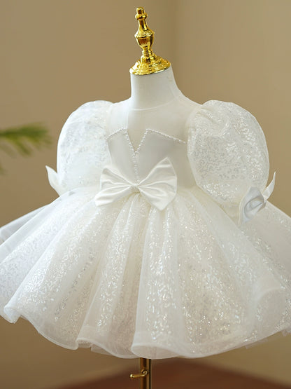 Princess White Sequined Back Zip Baptism Sequin Tea Length Short Sleeve Puff Sleeve Round Flower Girl Dress