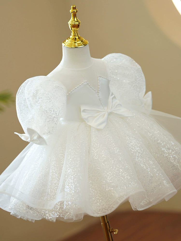 Princess White Sequined Back Zip Baptism Sequin Tea Length Short Sleeve Puff Sleeve Round Flower Girl Dress