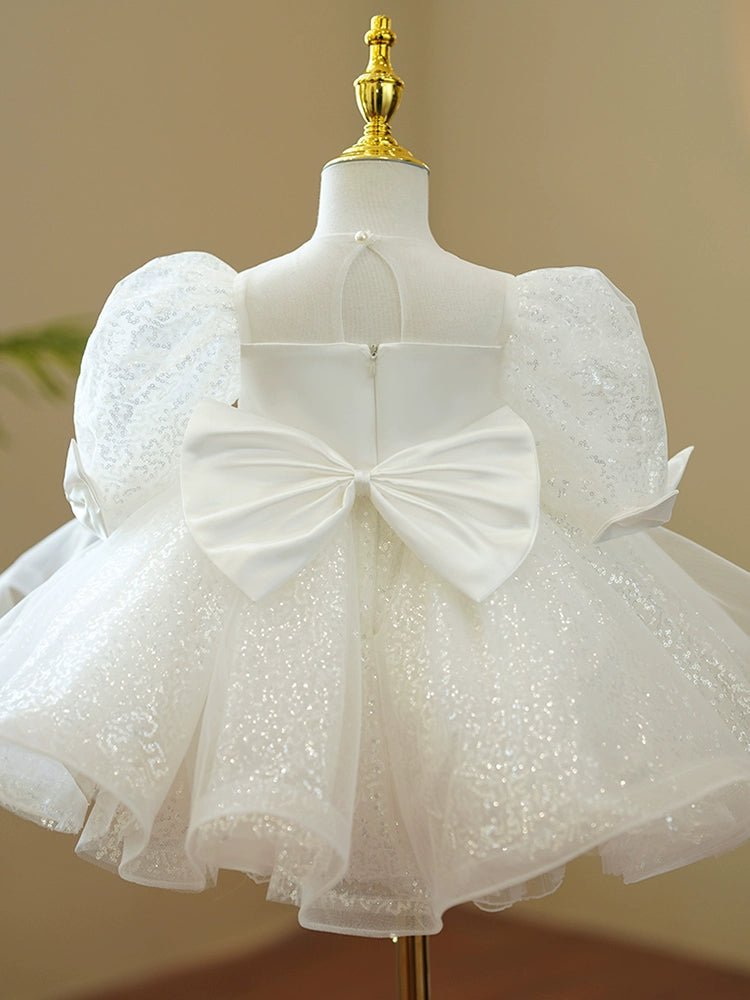 Princess White Sequined Back Zip Baptism Sequin Tea Length Short Sleeve Puff Sleeve Round Flower Girl Dress