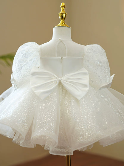 Princess White Sequined Back Zip Baptism Sequin Tea Length Short Sleeve Puff Sleeve Round Flower Girl Dress