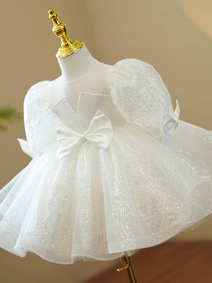 Princess White Sequined Back Zip Baptism Sequin Tea Length Short Sleeve Puff Sleeve Round Flower Girl Dress