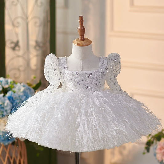 Princess White Sequined Back Zip Baptism Sequins Tea Length Long Sleeve Puff Sleeve Square Flower Girl Dress