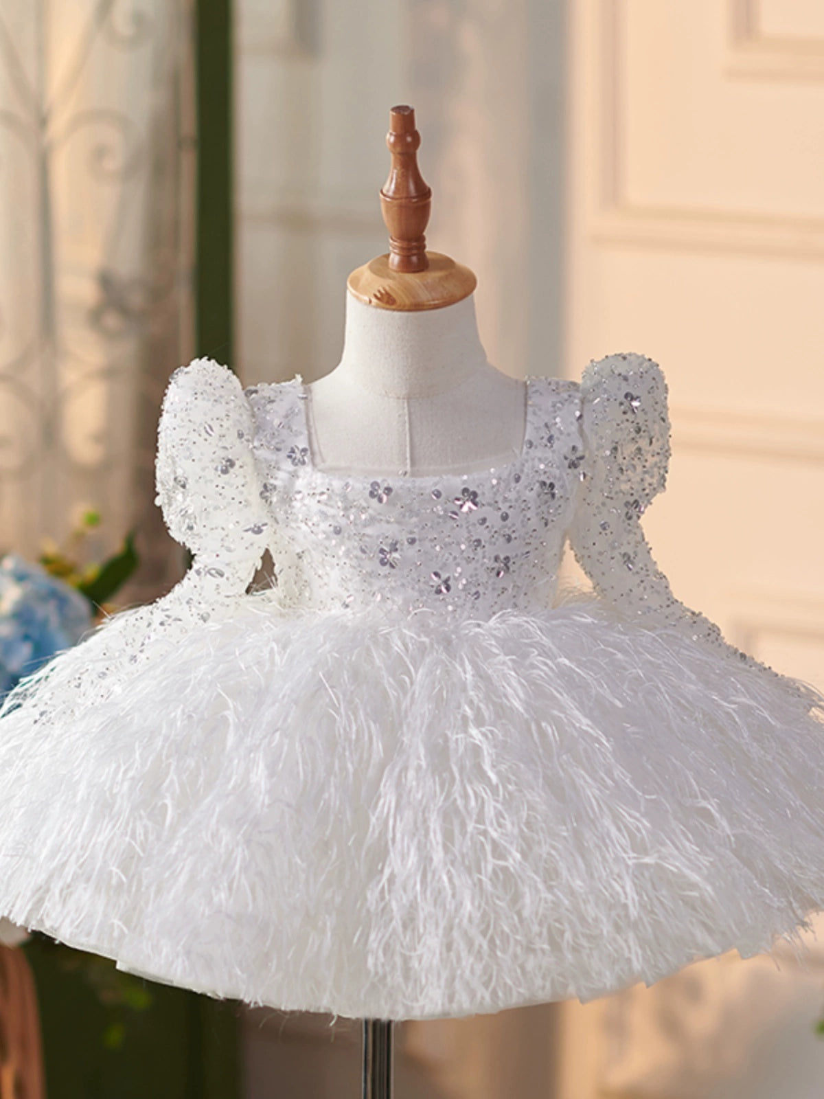 Princess White Sequined Back Zip Baptism Sequins Tea Length Long Sleeve Puff Sleeve Square Flower Girl Dress