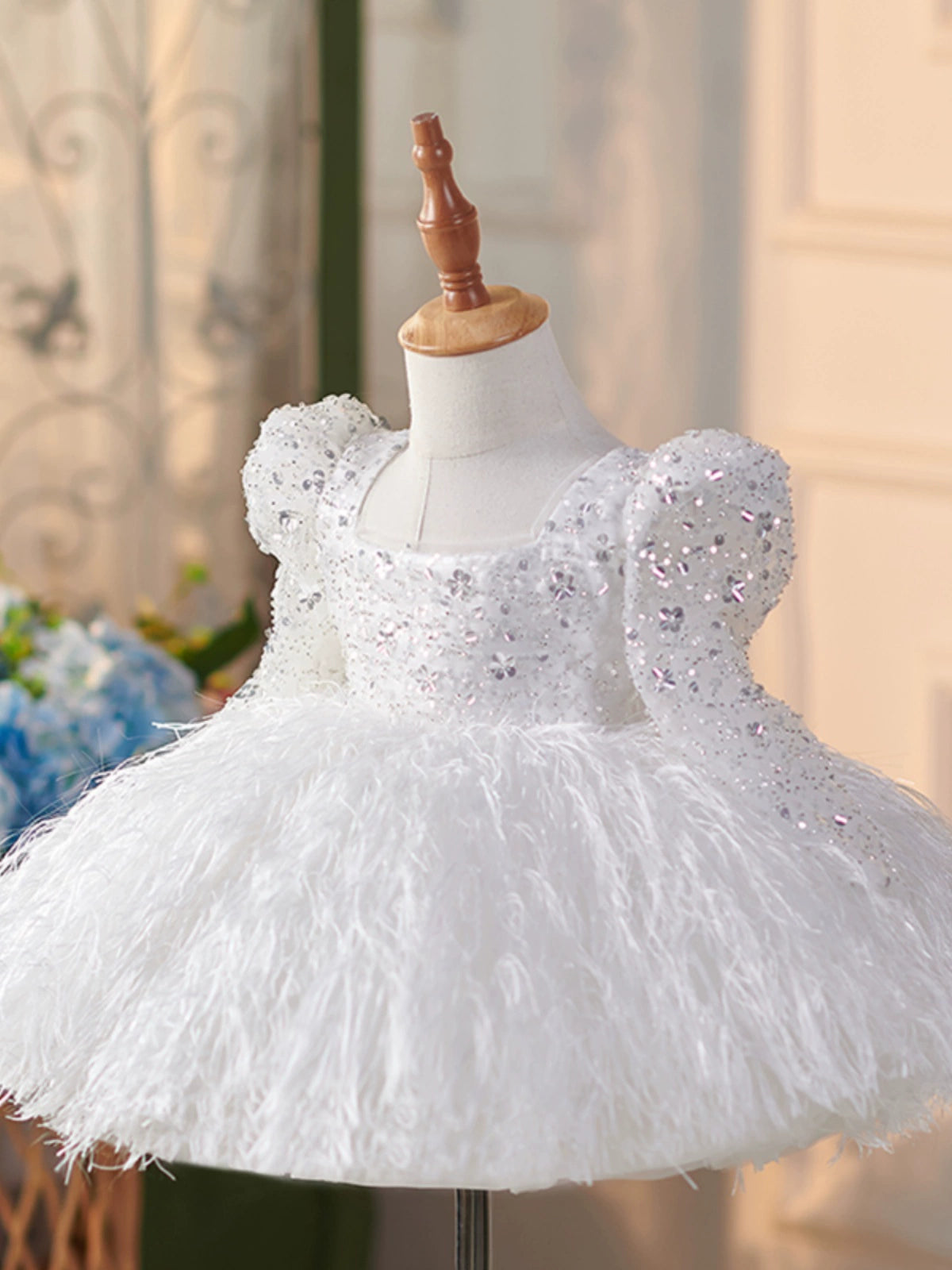 Princess White Sequined Back Zip Baptism Sequins Tea Length Long Sleeve Puff Sleeve Square Flower Girl Dress