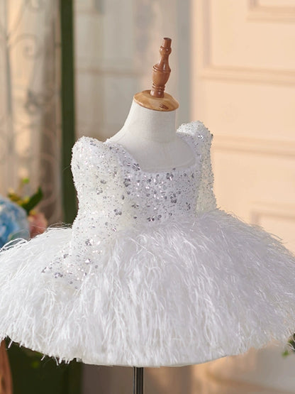 Princess White Sequined Back Zip Baptism Sequins Tea Length Long Sleeve Puff Sleeve Square Flower Girl Dress