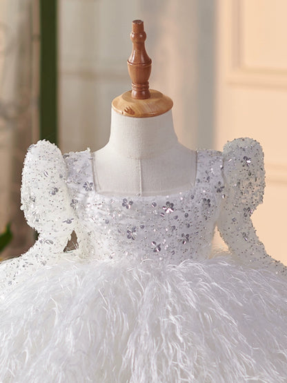 Princess White Sequined Back Zip Baptism Sequins Tea Length Long Sleeve Puff Sleeve Square Flower Girl Dress