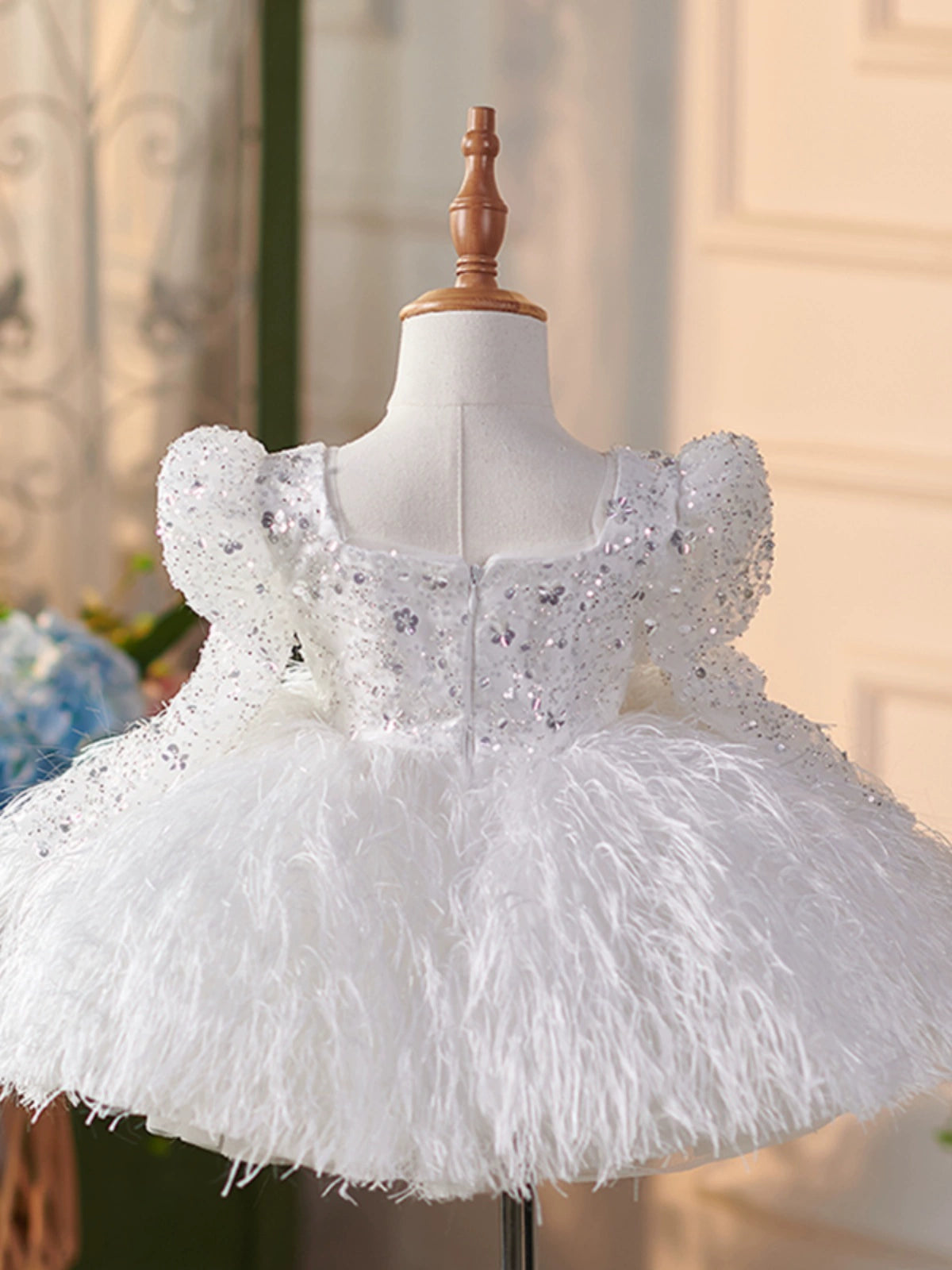 Princess White Sequined Back Zip Baptism Sequins Tea Length Long Sleeve Puff Sleeve Square Flower Girl Dress