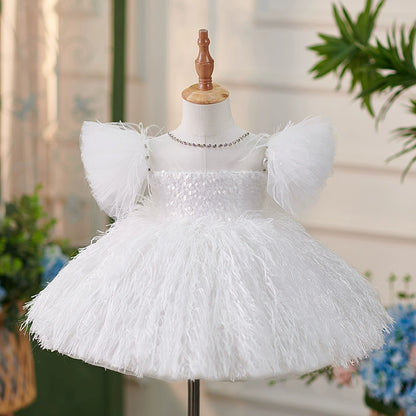 Princess White Sequined Back Zip Baptism Sequins Tea Length Short Sleeve Puff Sleeve Round Flower Girl Dress