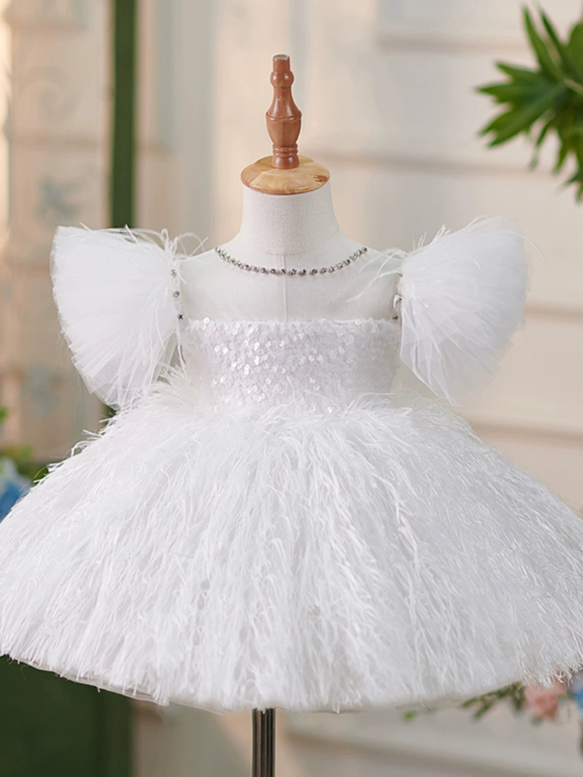 Princess White Sequined Back Zip Baptism Sequins Tea Length Short Sleeve Puff Sleeve Round Flower Girl Dress