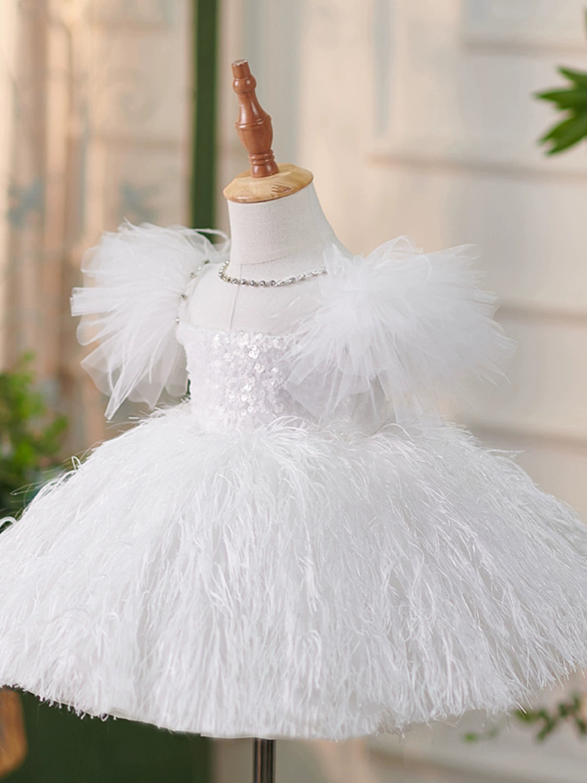 Princess White Sequined Back Zip Baptism Sequins Tea Length Short Sleeve Puff Sleeve Round Flower Girl Dress