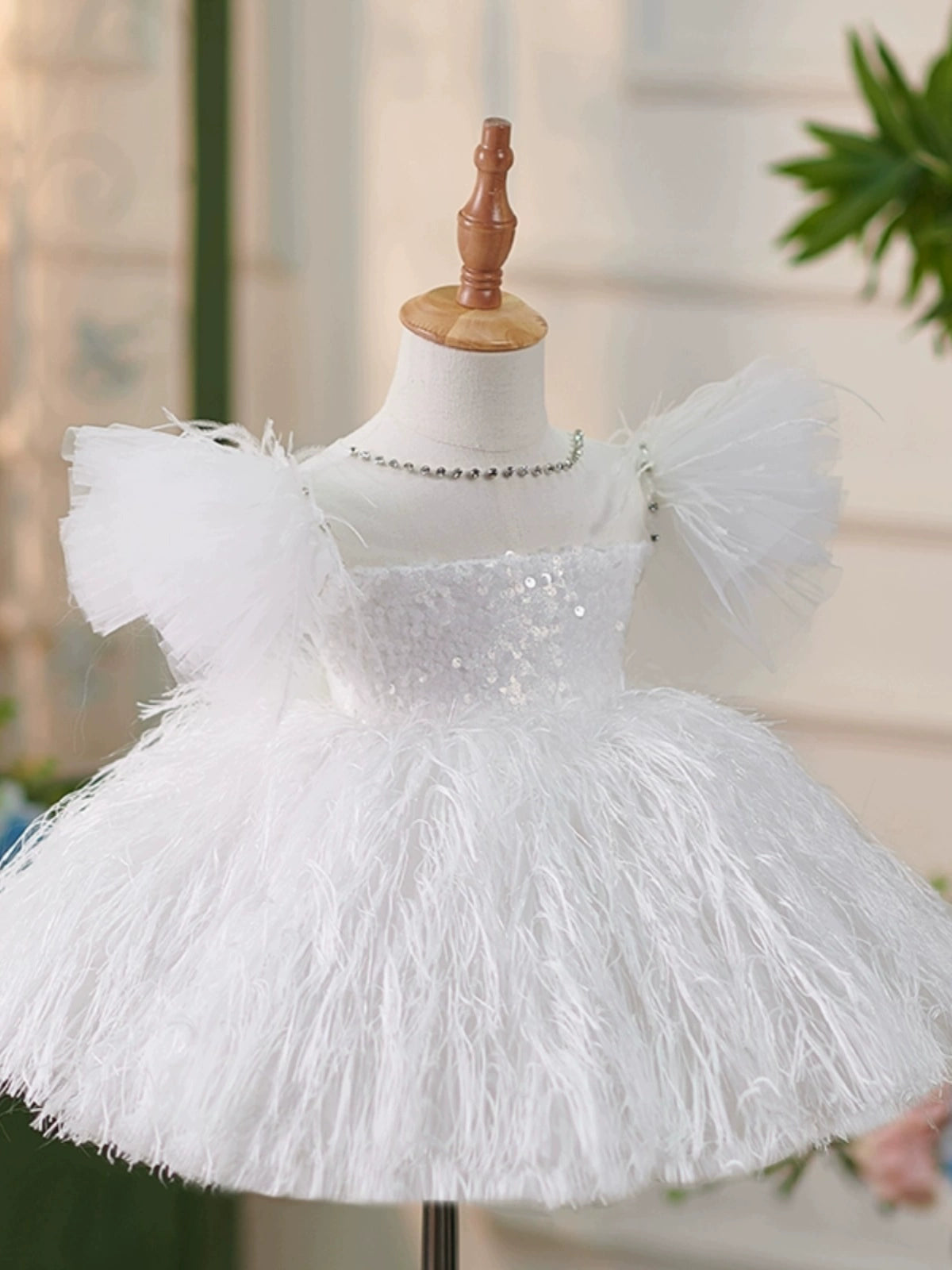 Princess White Sequined Back Zip Baptism Sequins Tea Length Short Sleeve Puff Sleeve Round Flower Girl Dress