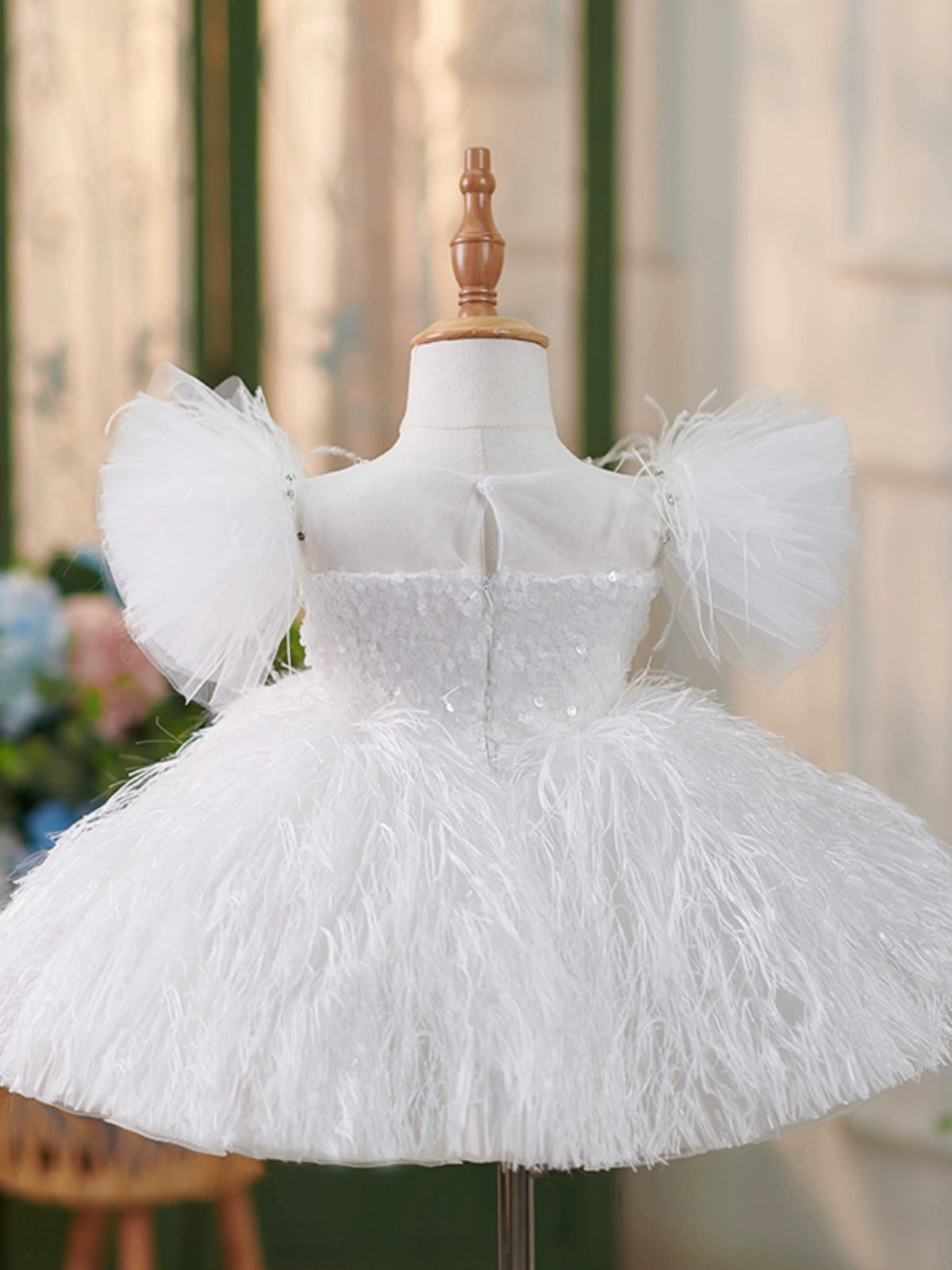 Princess White Sequined Back Zip Baptism Sequins Tea Length Short Sleeve Puff Sleeve Round Flower Girl Dress