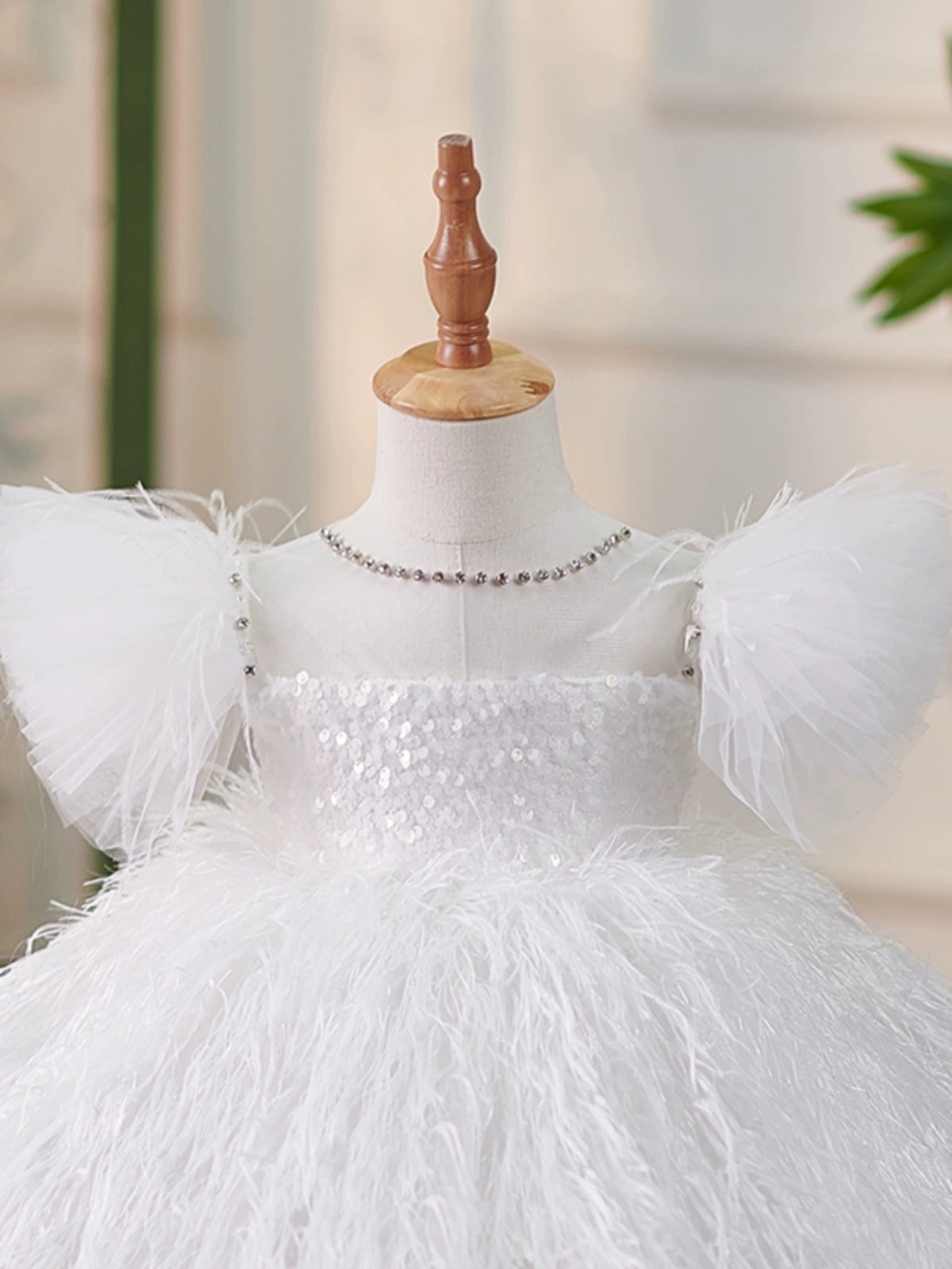 Princess White Sequined Back Zip Baptism Sequins Tea Length Short Sleeve Puff Sleeve Round Flower Girl Dress