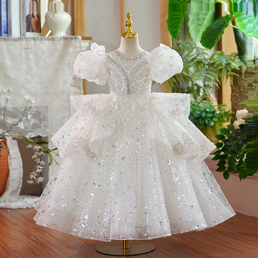 Princess White Sequined Crossed Straps Baptism Beaded Floor Length Short Sleeve Puff Sleeve Jewel Neck Flower Girl Dress
